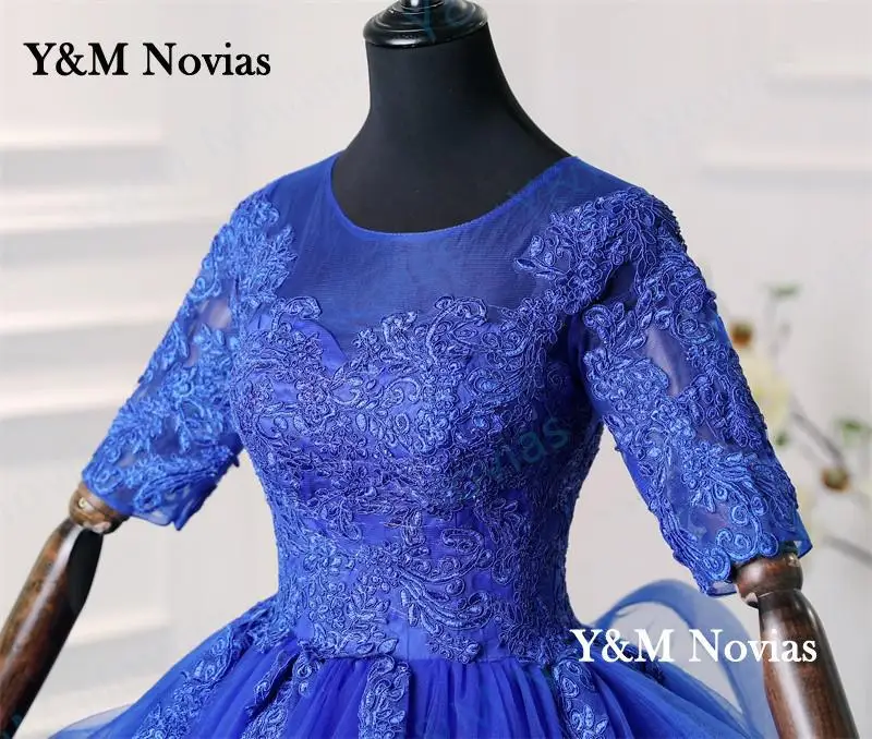 Y&M Novias New Fashion Plus Size Blue Wedding Dresses Half Sleeve Sweet and ruffles in a few rows Bridal Gowns White Ivory Lace