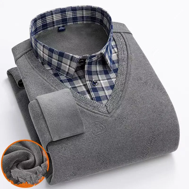2026 Winter Fleece Thickened Men's Sweater High-Quality Fashionable Slim-Fitting Warm  Comfortable Casual Dad's Pullover Shirt