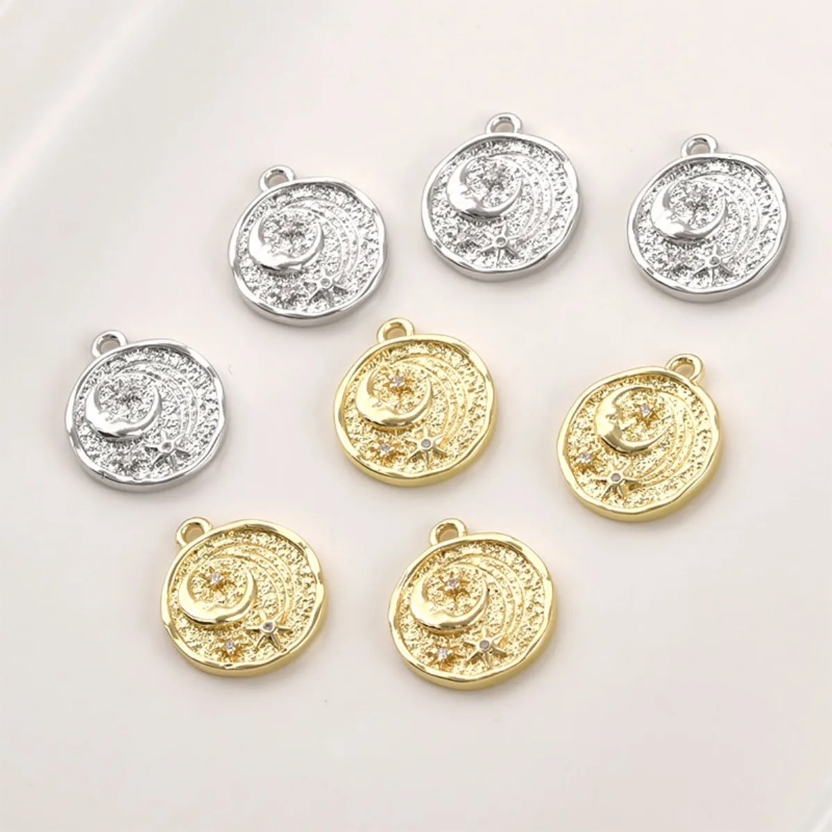 Brass 14K Gold Plated Color‑Retentive Star Moon Round Tag Pendant DIY Bracelet Necklace Earring Jewelry Making Supplies