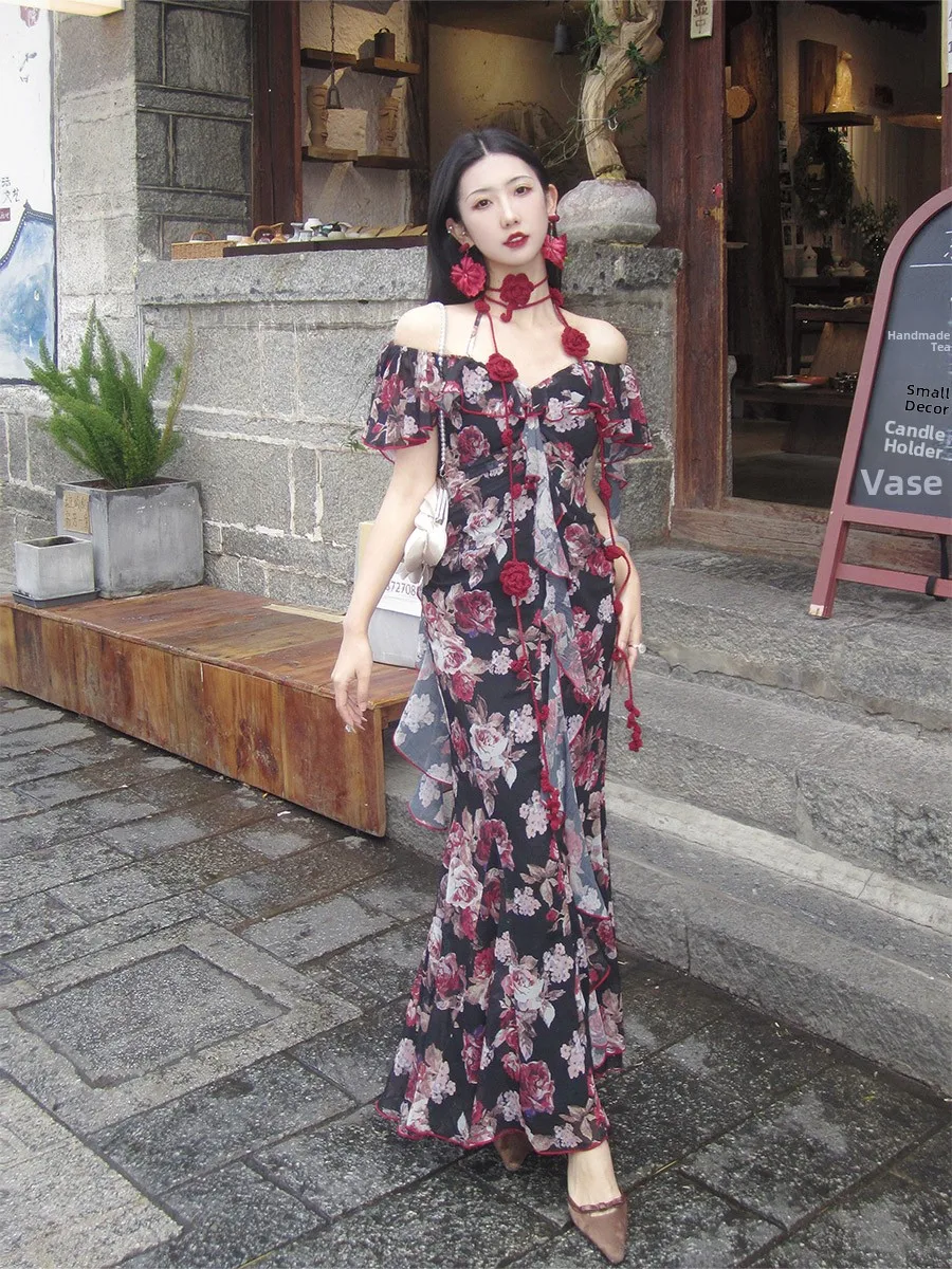 

High Waist Silk Chiffon Beach Dr One oulder Floral Print Summer Vaion Sle for Taller Women by Mountain Wild Dr