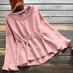 2024 New Women Autumn Long-sleeved Casual Shirt Belted Waist Pinched Dovetail Top Solid Color T Shirts Women Fashion Clothing