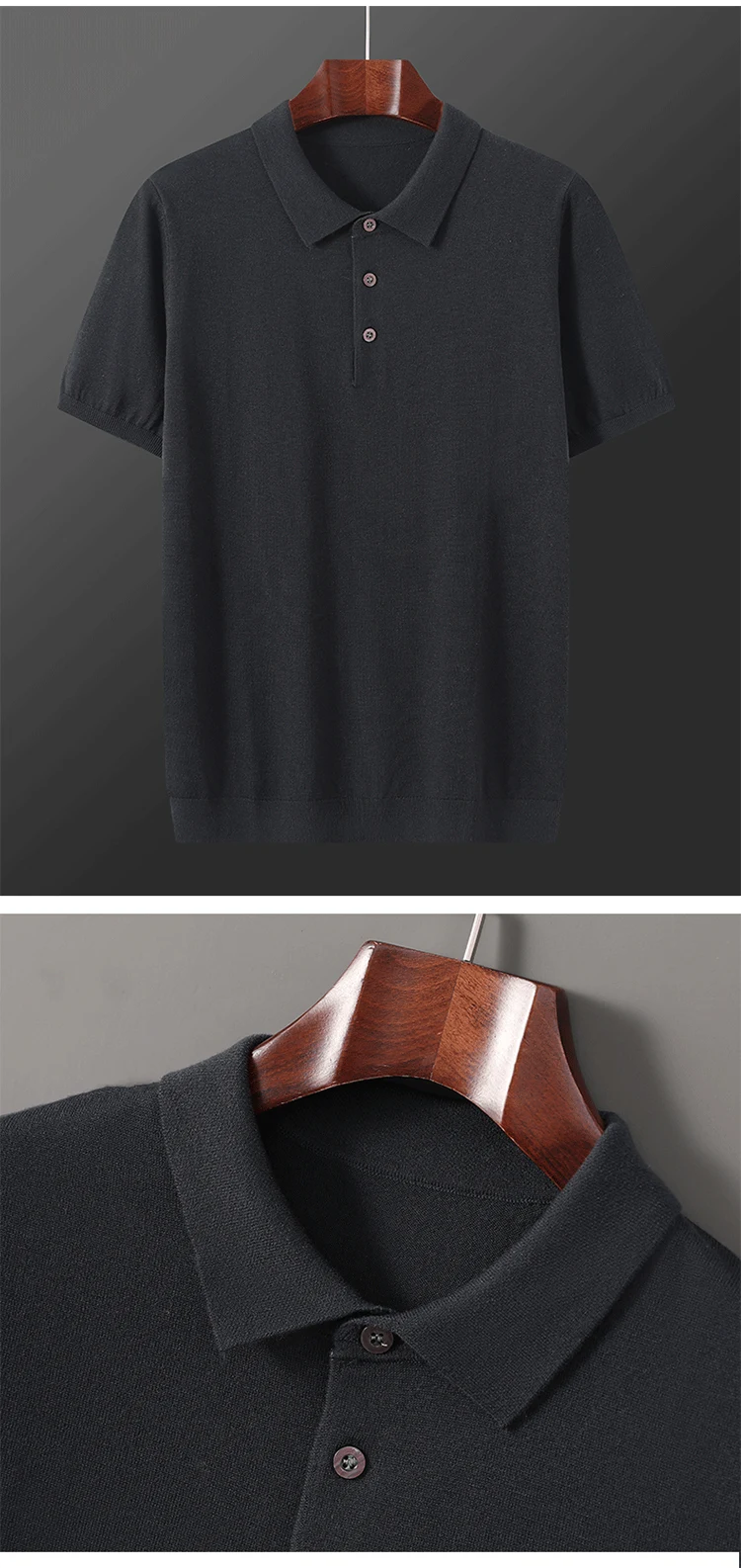 Herren T-Shirt Sommer Wollpullover Kurzarm Lässiger Einfarbiger Herrenpullover POLO-Kragen Gestrickte Oberteile Lockere Bluse – Detail 6