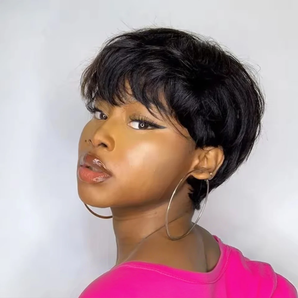 Perruques Pixie Cut en cheveux humains, perruque courte bob avec frange, perruques droites dégradées, cheveux humains brésiliens, noir naturel, pour femmes, prêtes à porter