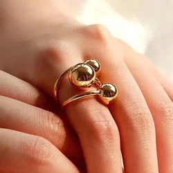 Stainless Steel Double-layer Beads Rings for Women Gold Plated Geometric Ball Bead Open Ring Waterproof Aesthetic Punk Jewelry