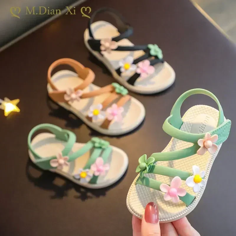 

Summer Little Girls Sandals 2023 New Flower Simple Cute Pink Green Children Sandals Toddler Baby Soft Casual School kids Shoes