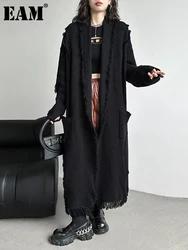 [EAM] Black Tassels Big Size Long Knitting Cardigan Sweater V-Neck Long Sleeve Women New Fashion Tide Spring Autumn 2024 1DH1591