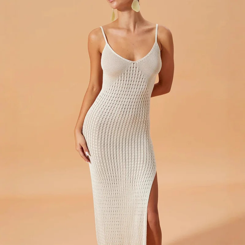 Abito da spiaggia lungo da donna con spacco laterale senza schienale, trasparente, scollato, copricostume estivo per bikini all'uncinetto
