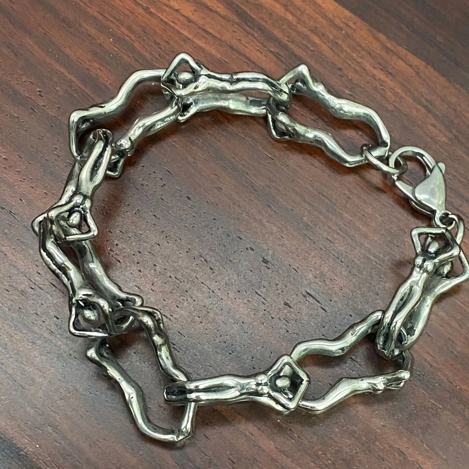 Gothic Human Skeleton Chain Bracelet for Men Stainless Steel Silver Vintage Punk Biker Link Bracelet 21cm