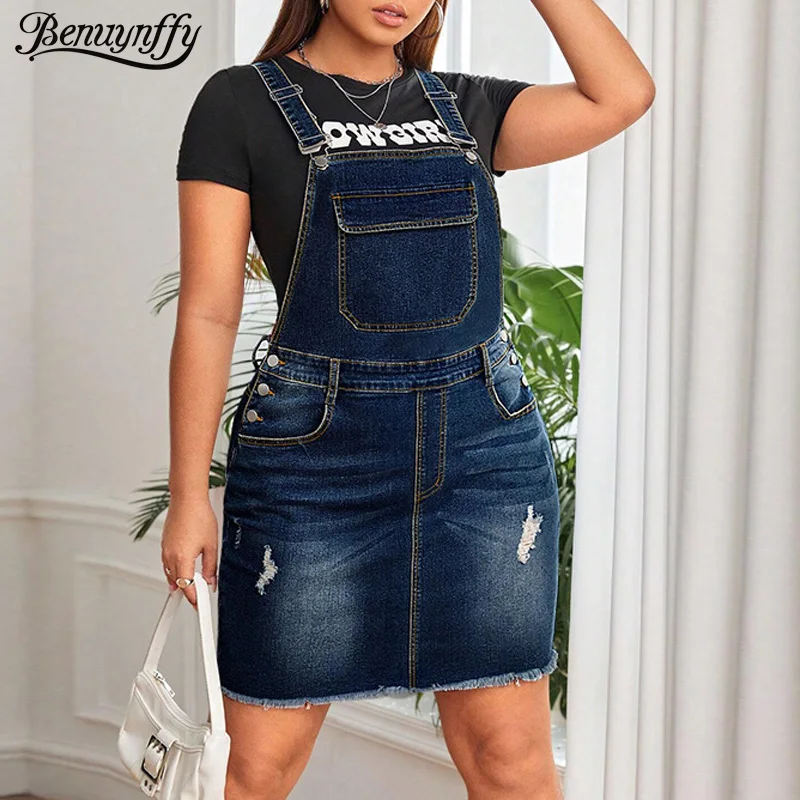 Benuynffy Plus Size Streetwear Ripped Denim Overall Dress Women's Summer 2025 Fashion Retro Y2k Raw Hem Bodycon Short Dresses