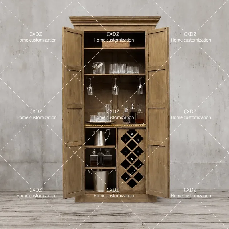 Retro Solid Wood Wine Cabinet Double Door Rivet Design Living Room Decorative Locker Antique Dining Side Cabinet Storage