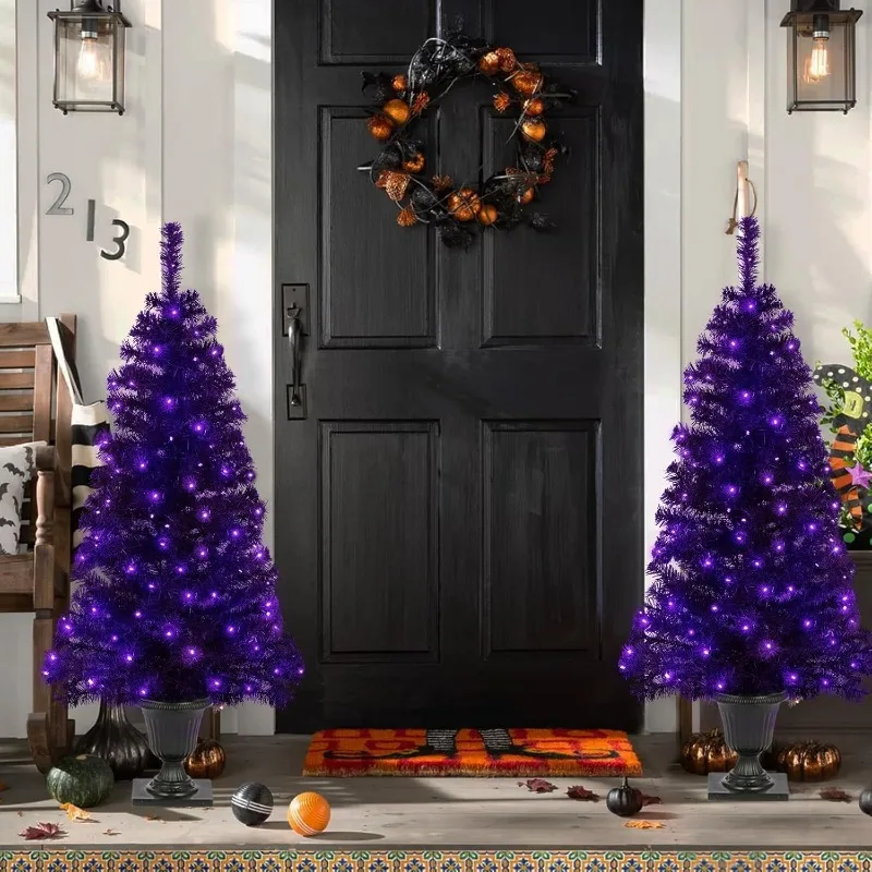 

Prelit Black Halloween Christmas Tree 2-Pack 4FT Artificial Potted Halloween Tree with 100 Purple LEDs Battery Powered & 8 Light