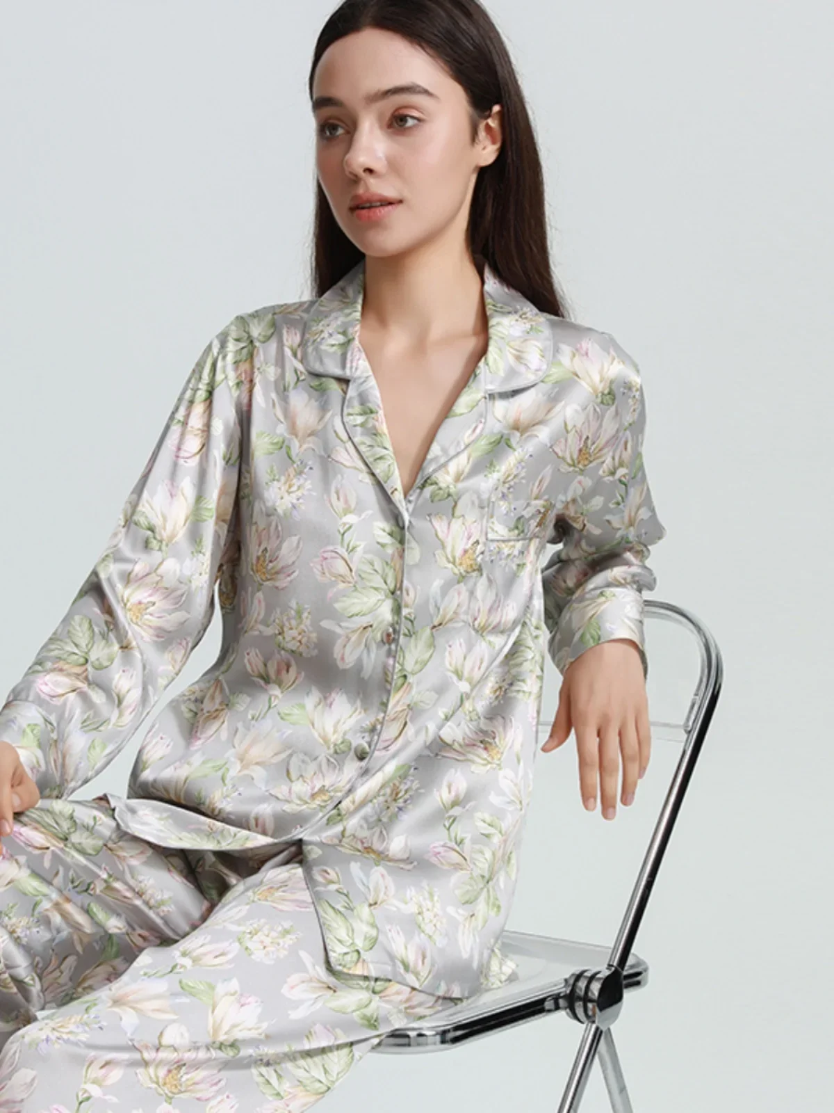 19 مللي متر 100% التوت الحرير الأزهار المرأة منامة مجموعة فاخرة طويلة الأكمام بنطلون سترة بيجامة دعوى أنيقة زر حتى ملابس النوم