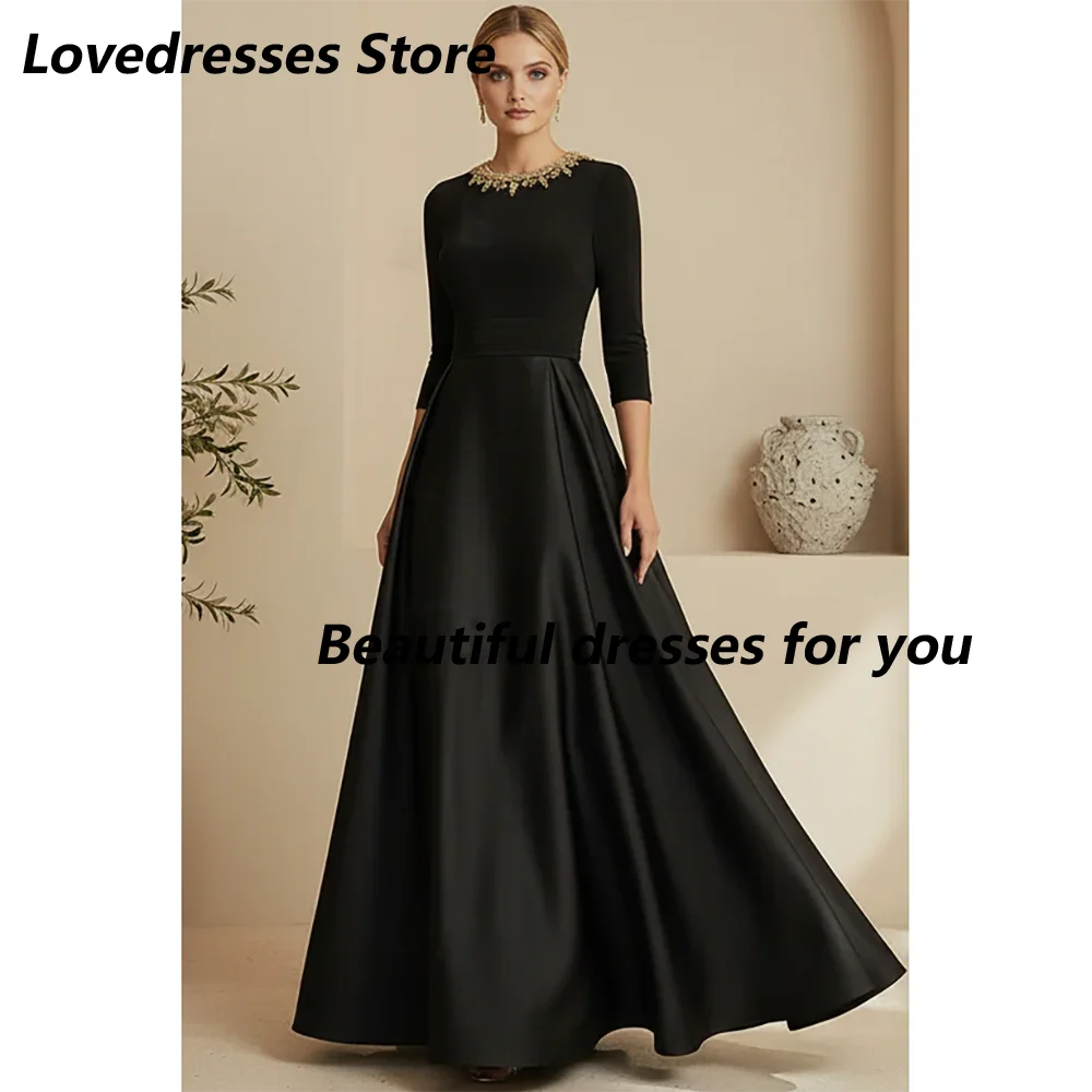 Customized Mother of The Bride Dresses Black Rhinestone Neck 3/4 Sleeve Satin A-Line Formal Wedding Guest Evening Gown