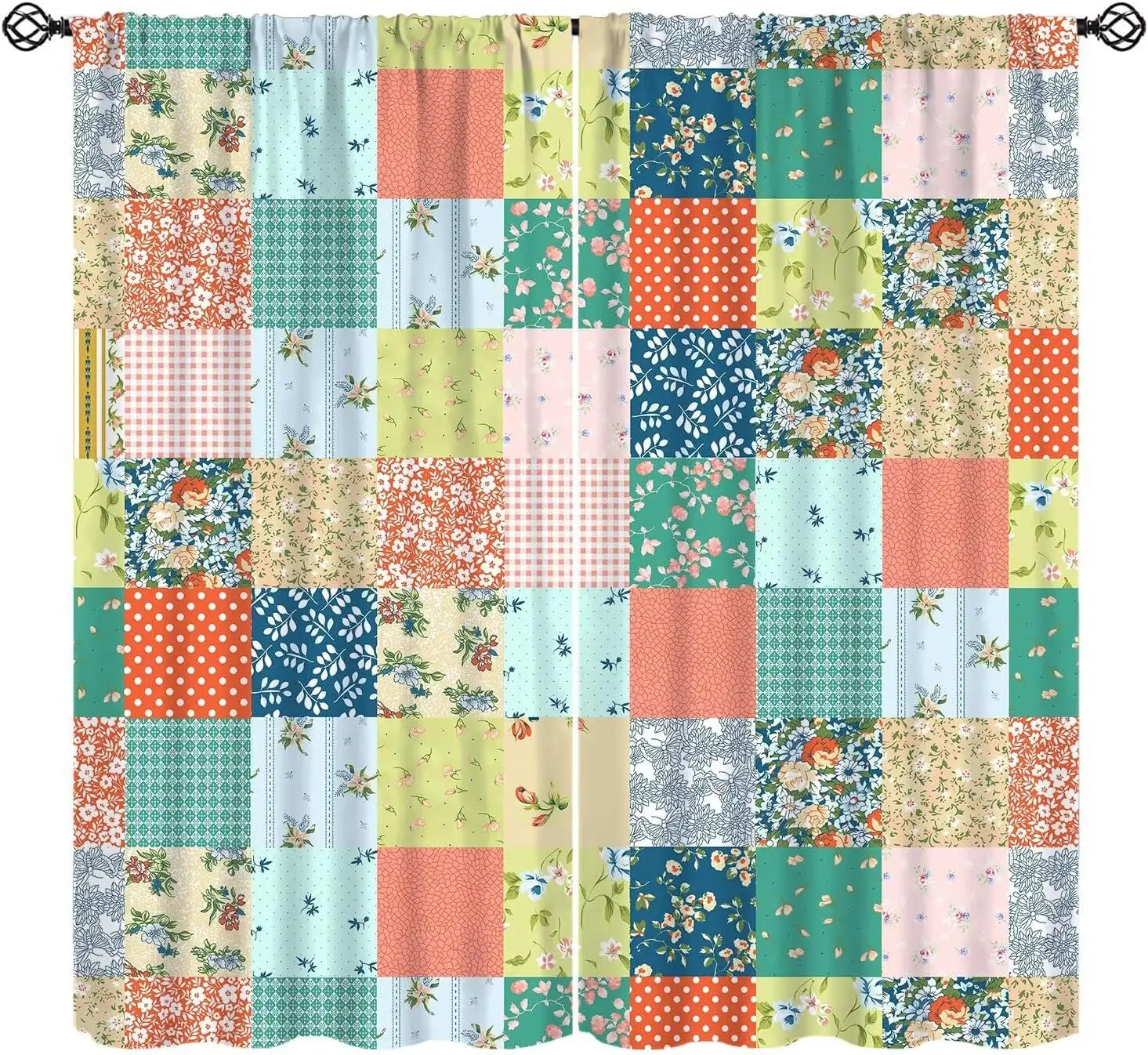 Pastel Floral Gingham Polka Dot Grid Patchwork Blackout Rod Pocket Curtain Country Small Flower Stitch Splicing Warm Homestay