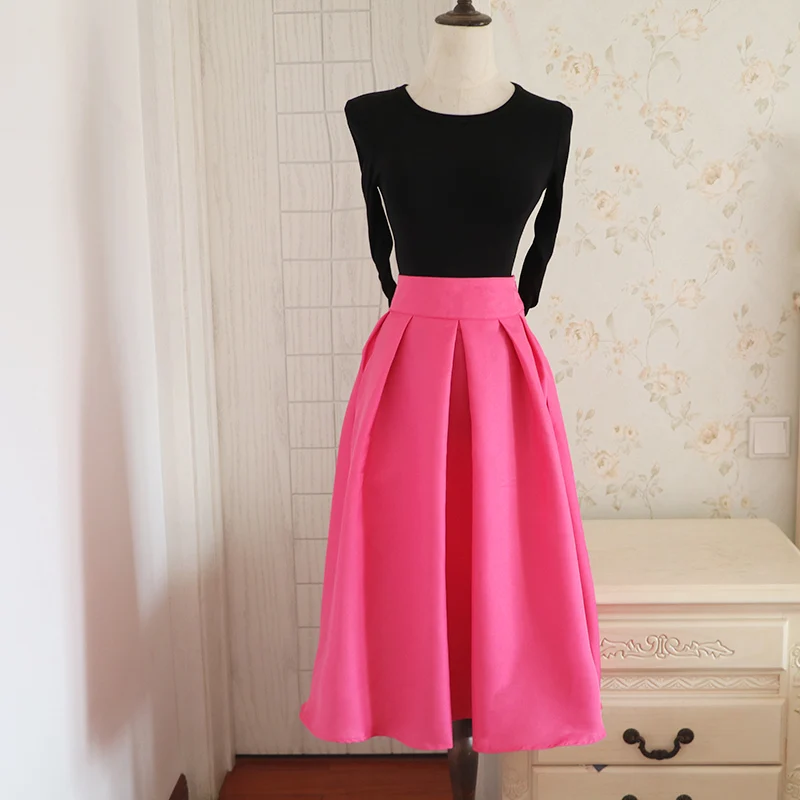 ฤดูใบไม้ผลิฤดูร้อนใหม่ผู้หญิง Hepburn จีบปุยเอวสูง Midi เข่า-ความยาว A-Line กระโปรงร่ม Pinki สีแดง Street Sle