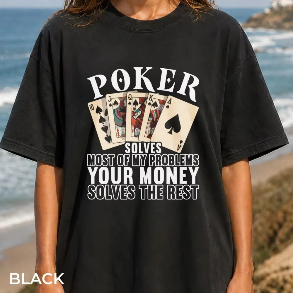 2026 Retro Poker Card Game T-Shirt Unisex Short Sleeve Tops Humor Spades Royal Flush Tops 10 J Q K A Card Graphic Gambler Holiday Tee