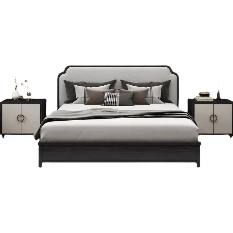 New Chinese Style Pewter Solid Wood Double Bed Modern Minimalist Marriage Bed 1.8 M Homestay Hotel Model Room Design Bed