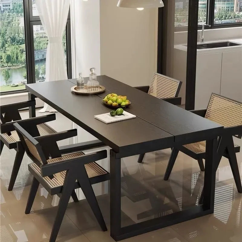 Minimalist Black Solid Wood Dining Table with Traditional Tenon and Mortise Joint Design for Living Room Restaurant Home Use