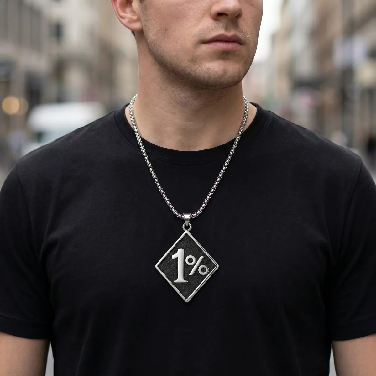 Stainless Steel Silvery Black Textured One Percent Sign Pendant Box Chain Necklace Men Streetwear Jewelry