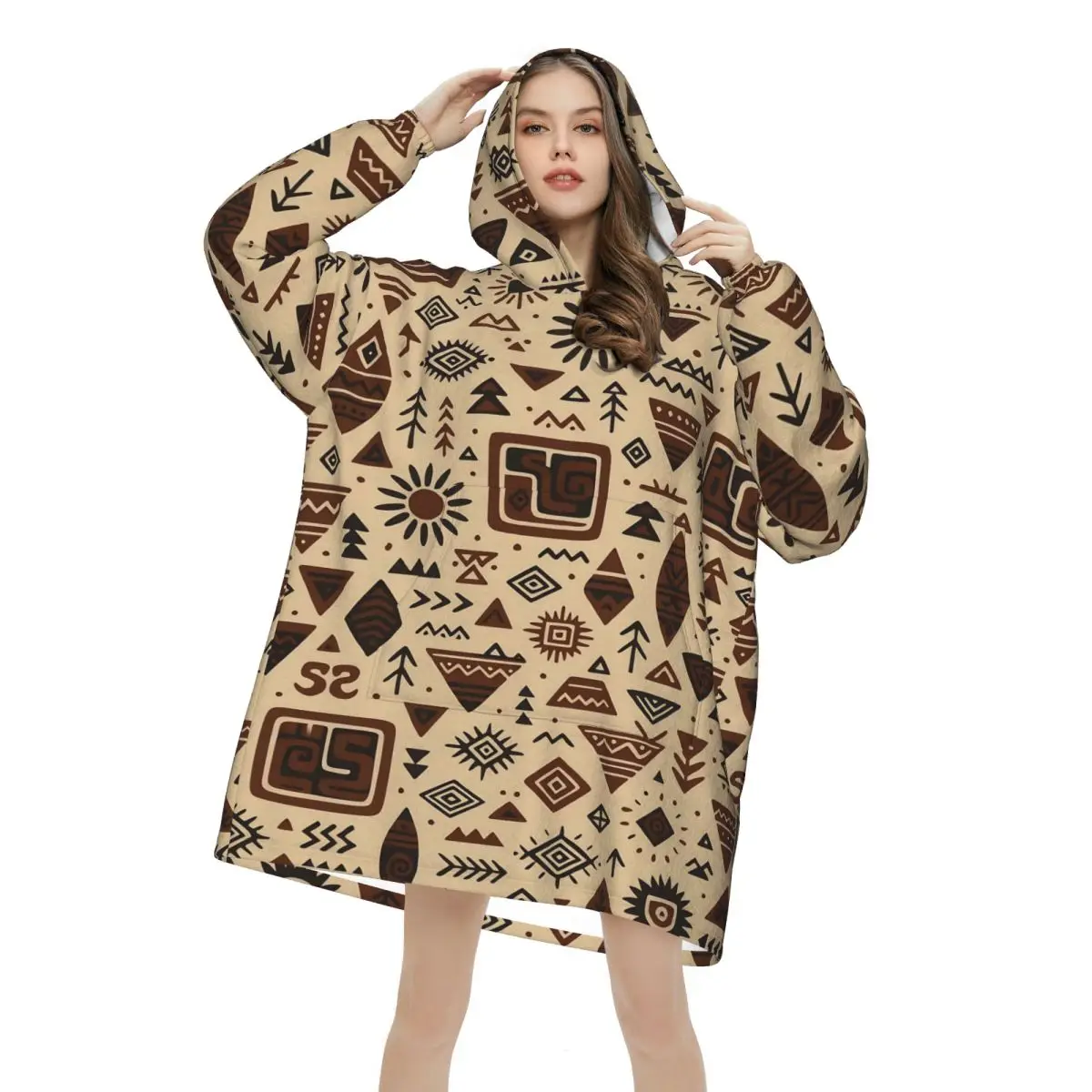 Southwestern Aztec Tribal Wearable Blanket Hoodie for Women Men Oversized Sweatshirt Blanket with Pocket