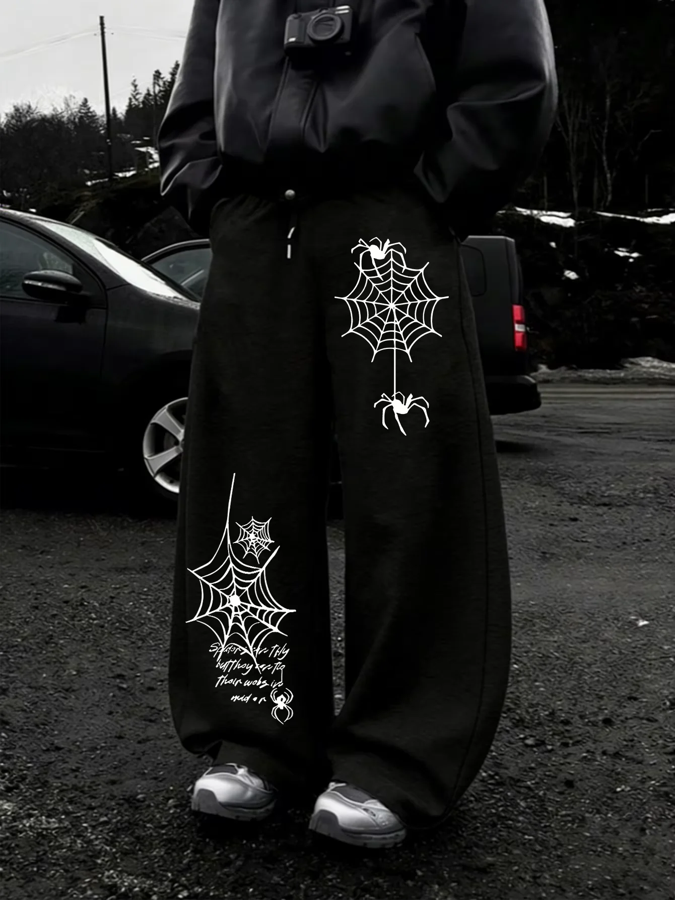 Men Women Straight‑Leg Long Pants 3D Dark Spider Web Art Print Quick‑Dry Trousers Elastic Drawstring Y2K Trendy Daily Pants