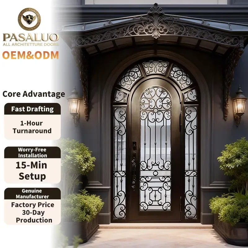 2026 OEM PSL French Wrought Iron Home Villa Residential Entrance Security Front Entry Exterior Doors for Houses