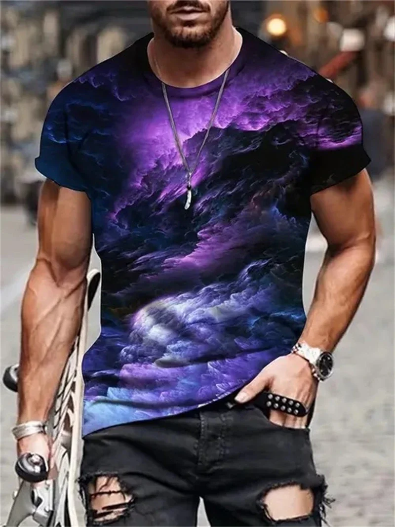 Herren T-Shirt mit lila Galaxie-Nebel-Print, lässiges Rundhals-Kurzarmshirt, abstraktes Wirbel-Grafik-Top für Streetwear und Ausgehen