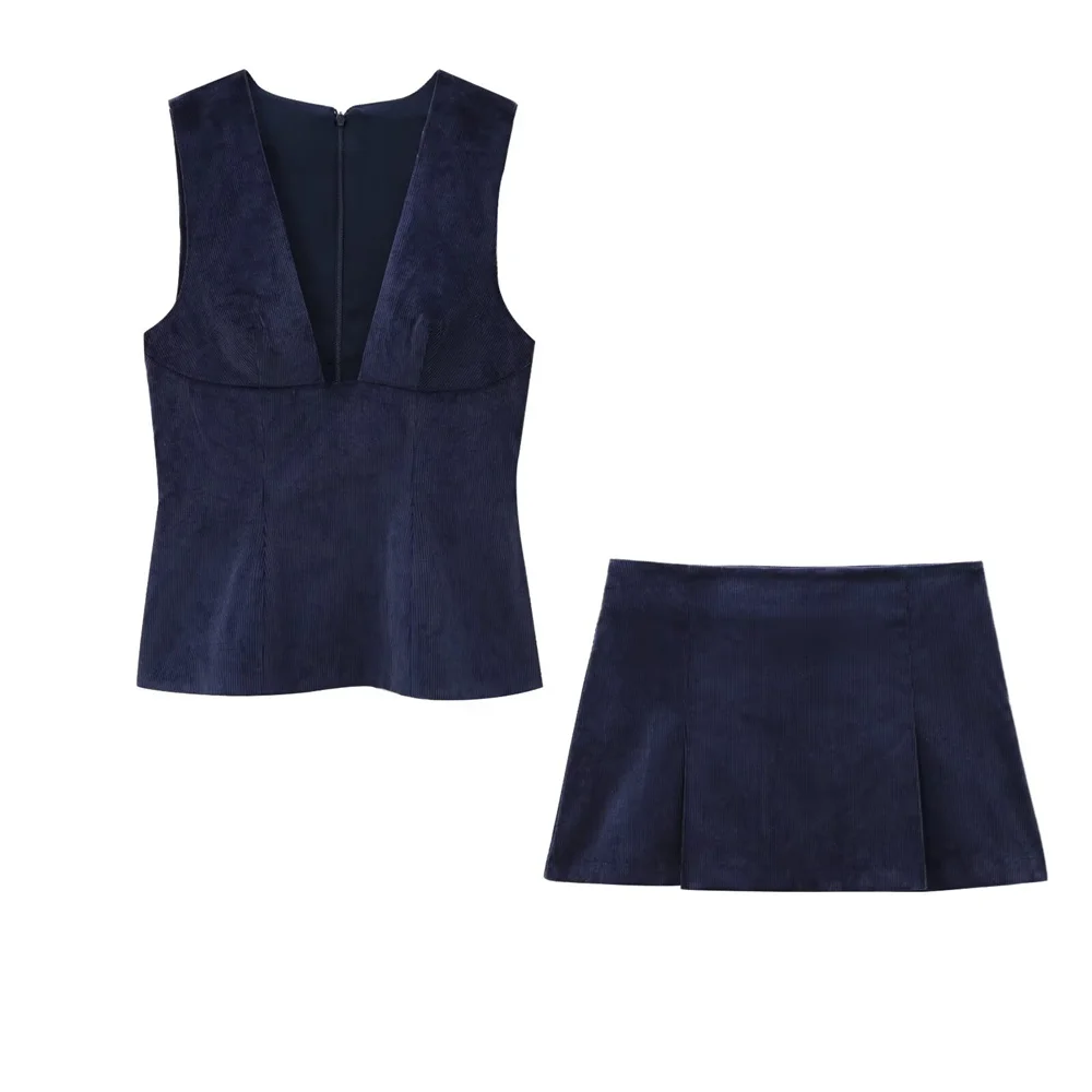 TRAF Autumn New Product Women\'s Fashion Style V-neck Sleeveless Corduroy Top High Waist Mini Skirt Casual Set