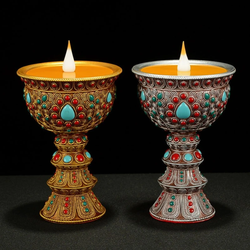 LED Electronic Butter Lamp Holder, Buddha Front Supply Lamp, Simulated Flame, Filigree Inlaid Gemstone Supply Lamp, Candle Stand