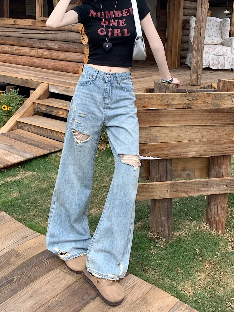 하이웨이스트 드레이프 홀 데님 진 여성용 가을 디자인 페어 바디 슬림 와이드 레그 팬츠 캐주얼 슬레 워터 웨이드