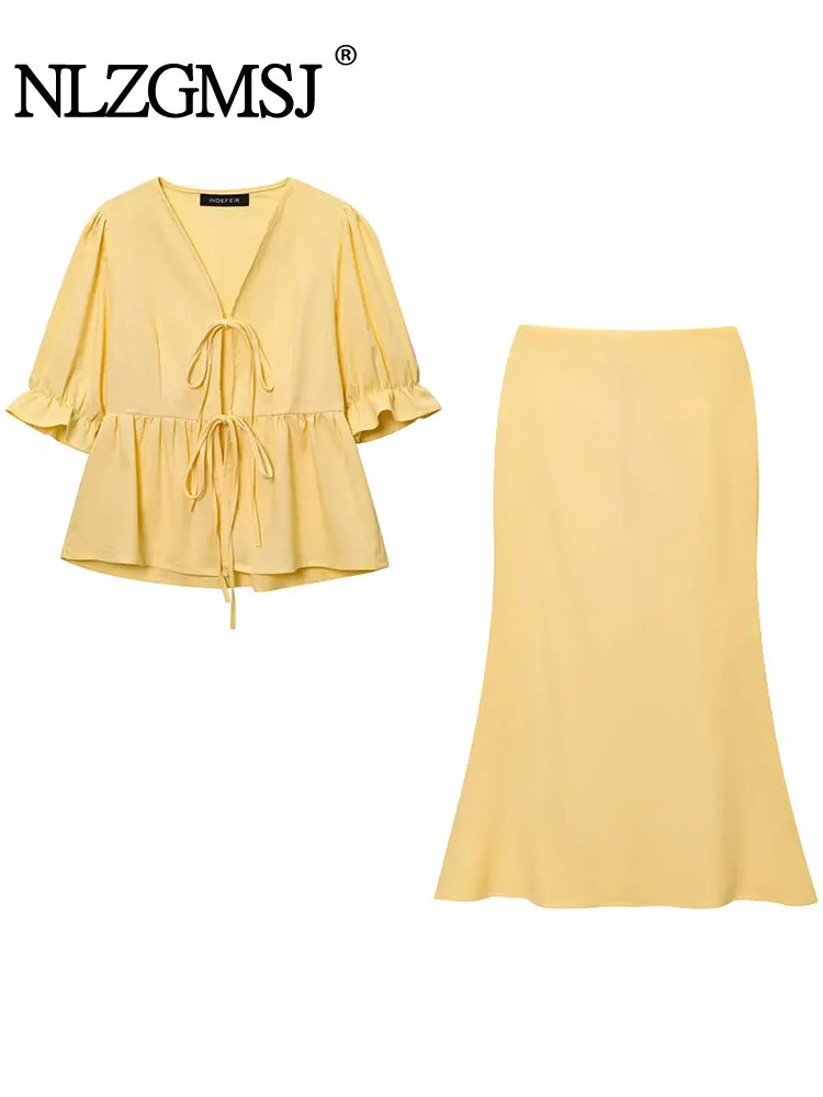 

NLZGNSJ 2025 Summer Elegant Woman's Set Solid Fishtail Skirts Sets For Women 2 Pieces Puff Sleeve Lace Up Shirt Tops Sets
