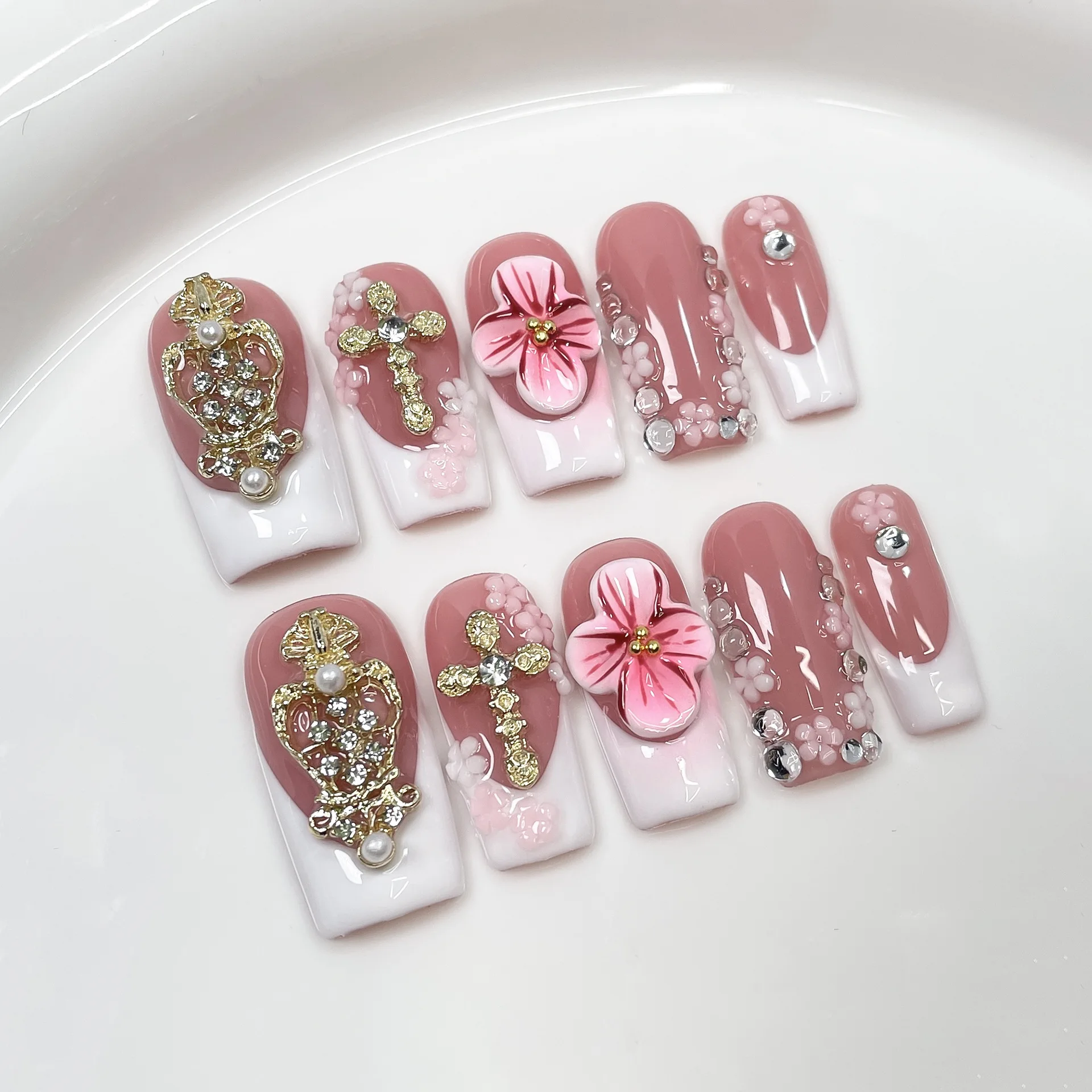 

10Pcs/set Sweet Nude Pink Ballet Press on Fake Nails Metal Gold Rhinestone Flower Handmade French Coffin Reusable Nail Stickers