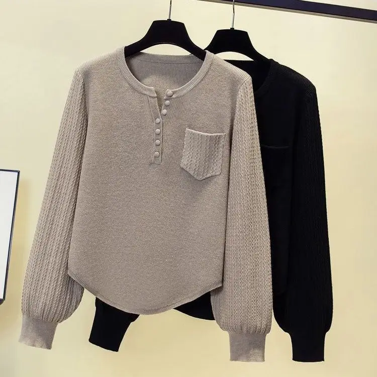 Irregular Design Sense Knitted Sweater Autumn and Winter New Women's Fashion Solid Color Round Neck Pocket Versatile Sweater