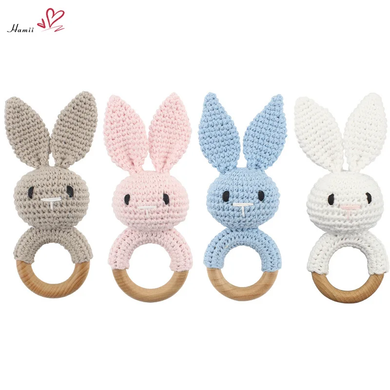 1PC Baby Rattles Cute Cartoon Bunny Crochet Rattle Toy Wood Ring Baby Teether Rodent Baby Gym Mobile Rattles Newborn Rattle Toys