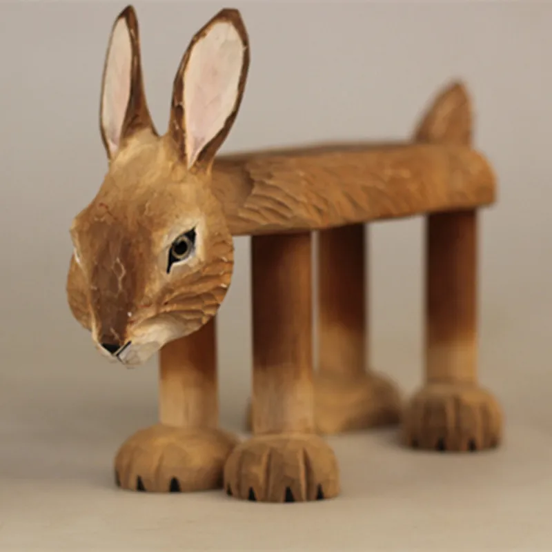 Creative Hand Carved Wooden Rabbit Stool Solid Wood Home Decor Ornament Handicraft Furnishing Article