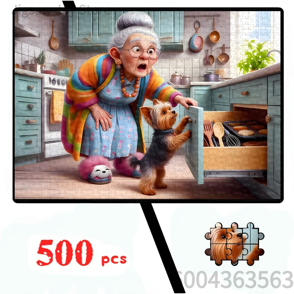 500-2000PCS Jigsaw Puzzle Colorful Curly Hair Girl, Funny Grandma & Yorkie, Cute Elder Couple,Crazy Travel Grannies Cartoon Gift