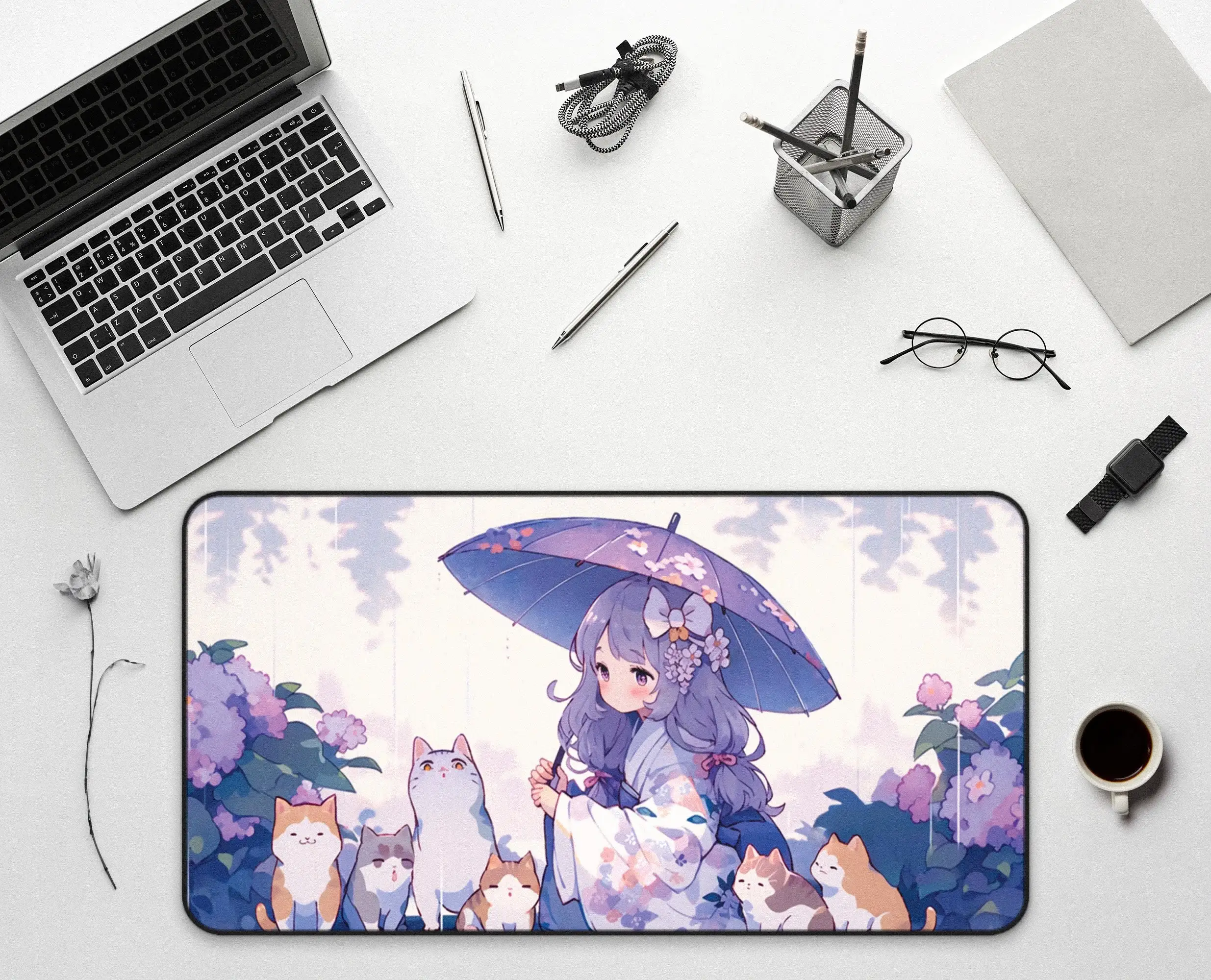 Cute Rainy Day Deskmat,super Adorable Purple Anime Mousepad,girl and Cat Pattern,comfortable Large Gaming Mat,desktop Decoration
