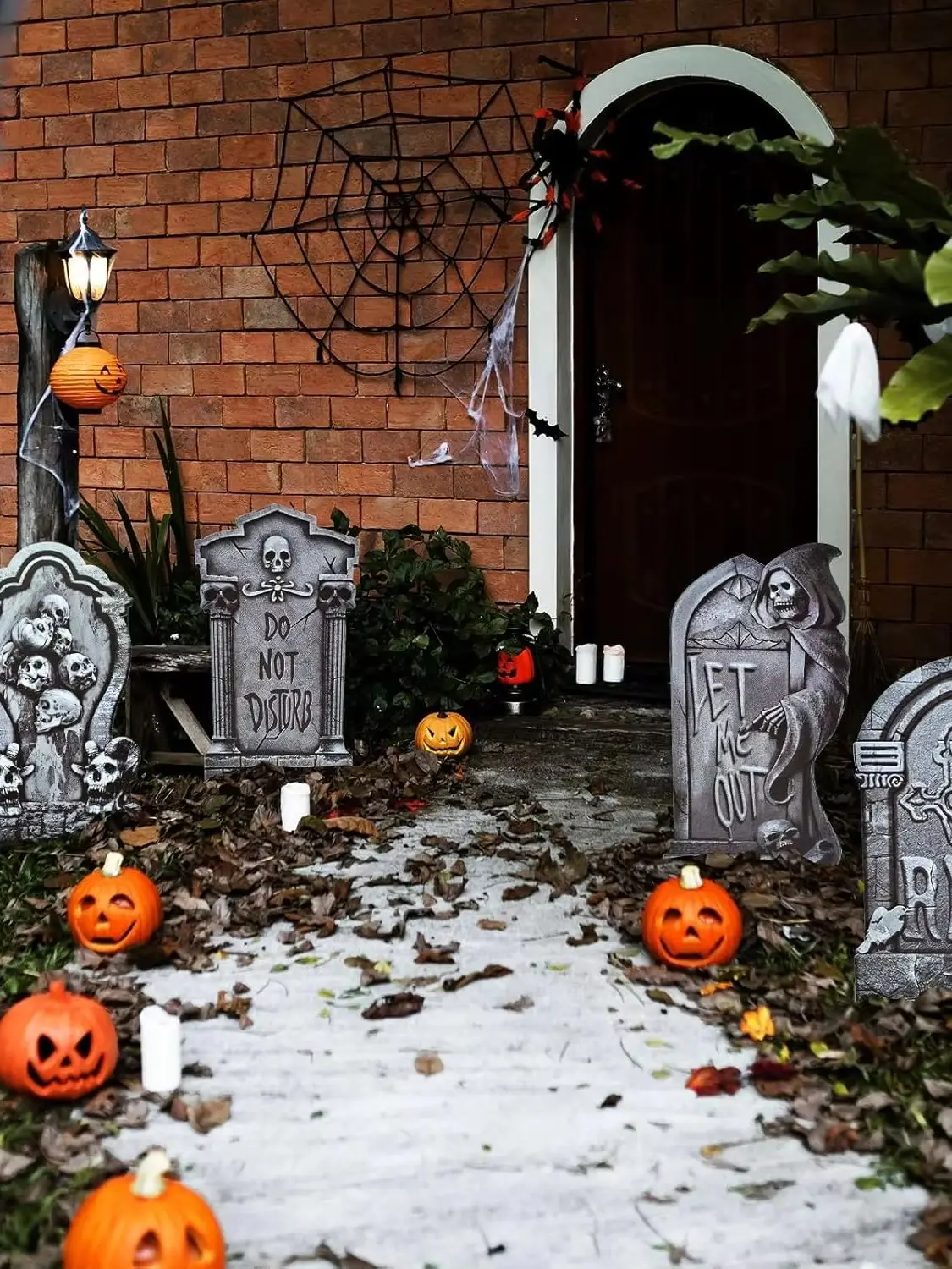 6 szt. Dekoracji na Halloween w kształcie nagrobków z wbijanymi kołkami, wzór szkieletu i ponurego żniwiarza, dekoracje na imprezę Halloweenową, trawnik, podwórko. — 2