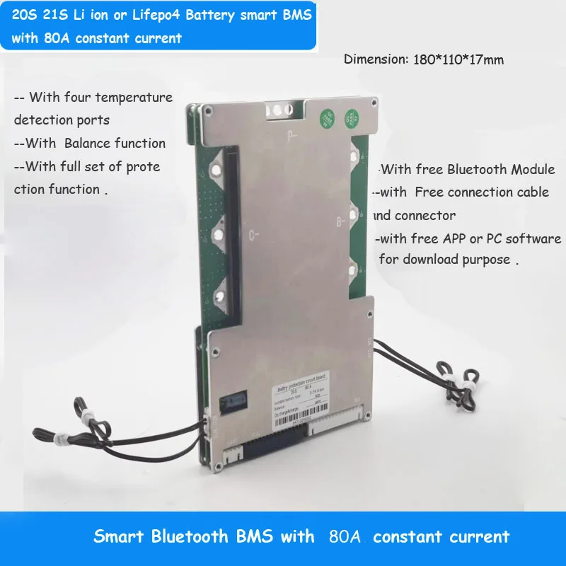 72V or 60 V  Smart bluetooth BMS with 80A constant discharge current UART software PCB for 20S or 21S Li ion or Lifepo4 Battery