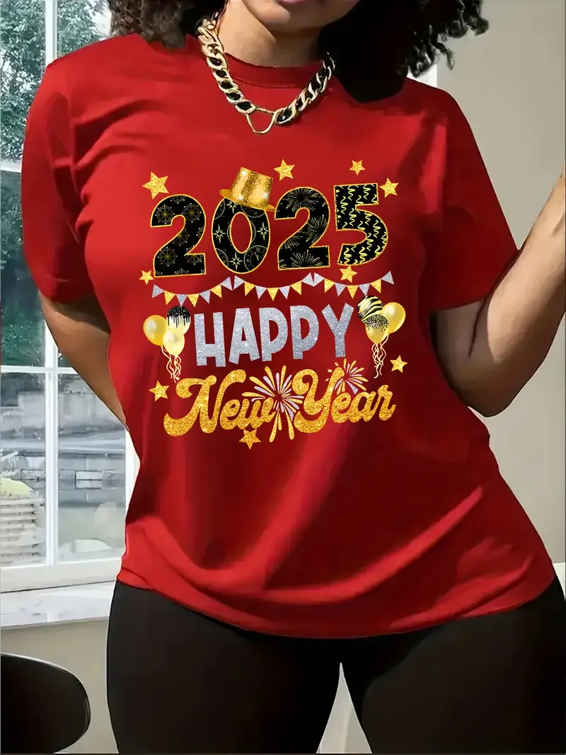

2025 Happy New Year 3D printed women's casual round neck T-shirt fashion Christmas and New Year clothing short sleeved women top