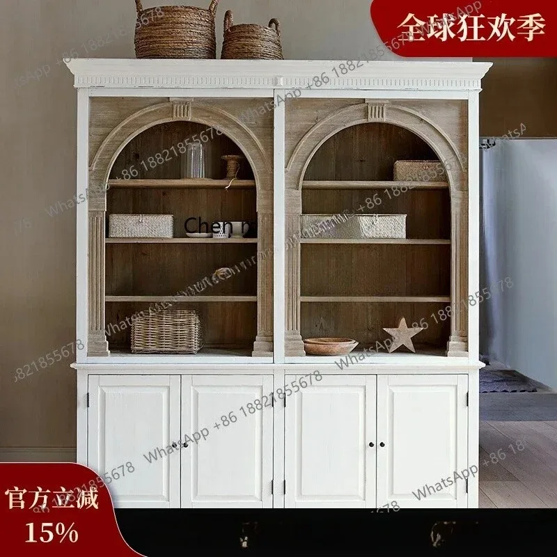 03 American retro style solid wood bookcase study shelf French living room bookcase storage floor collection cabinet