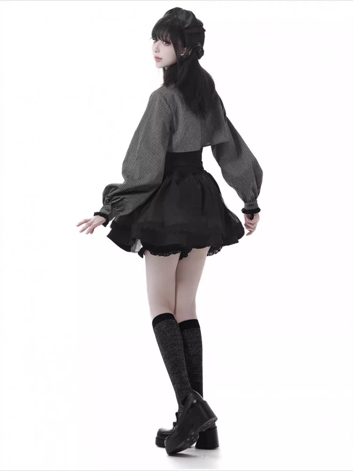 Striped Gothic Shirt and Tie Japanese Polo Collar Lantern Long Sleeve Single-Breasted Top Asymmetric Long Skirt Pants Women