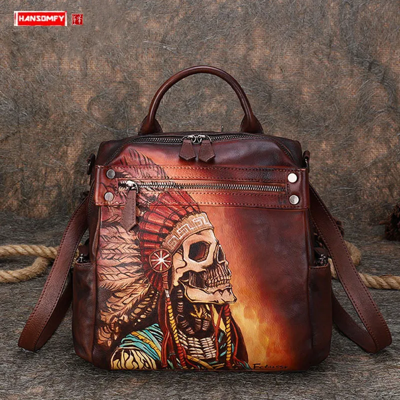 

Luxury Fashion Leather Women Backpack Female Schoolbag Travel Backpack Skull Bag New Hand-painted Original Indian Chief Backpack