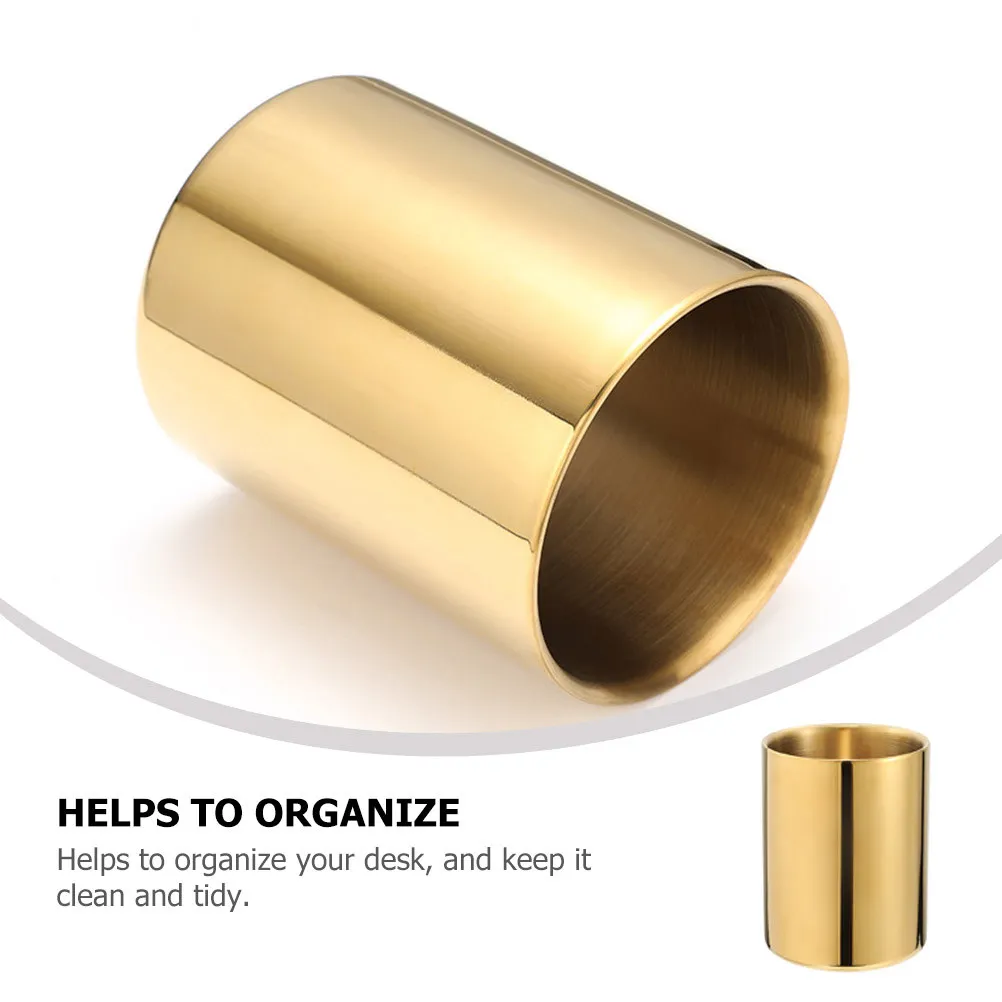Stainless Steel Pen Holder Pencil Storage Container Golden Color Makeup Brush Organizer Desk Tidy Stationery Accessory