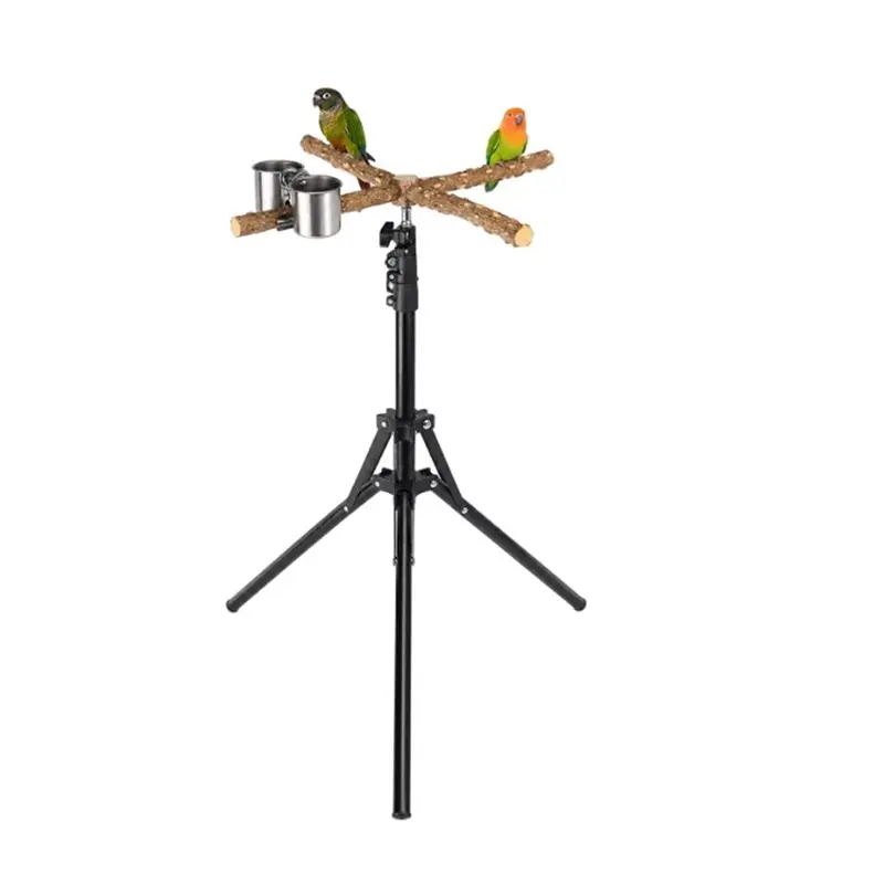 Hot Sale-Bird Perch Stand With Filling Cups, 16-61 Inch Height Adjustable Wood For Parrot Training