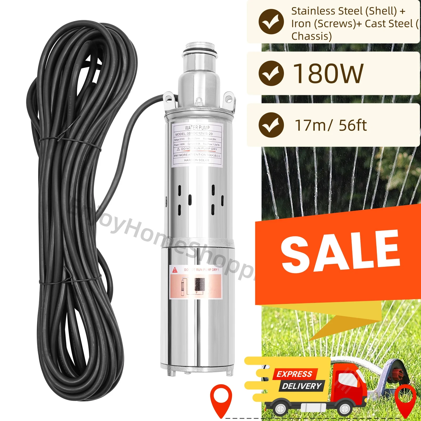 

180W Submersible Pump Solar Deep Well Brush Motor Water Pump Pond Irrigation Pump 12/24V