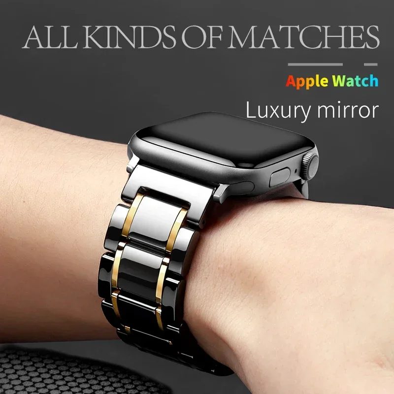 Ceramic Strap for Apple Watch Ultra 2 49mm 10 9 8 7 46mm 45mm 42mm Stainless Steel Bracelet for Series 6 5 4 SE 44mm 40mm Band