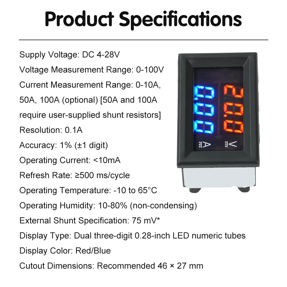 H28UI DC 4-28V 0.28-inch Red/Blue LED Dual-Display Voltage/Current Meter DC 0-100V 10/50/100A, 50A 100A Splitter