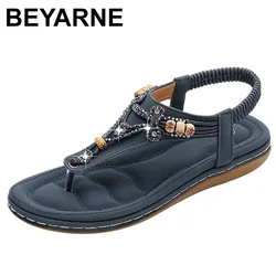 BEYARNEBohemia Women Ladies Fashion Crystal Bead Flat Slipper Sandals Casual Sexy High Quality Outsid Ladies Shoes Med (3cm-5cm)