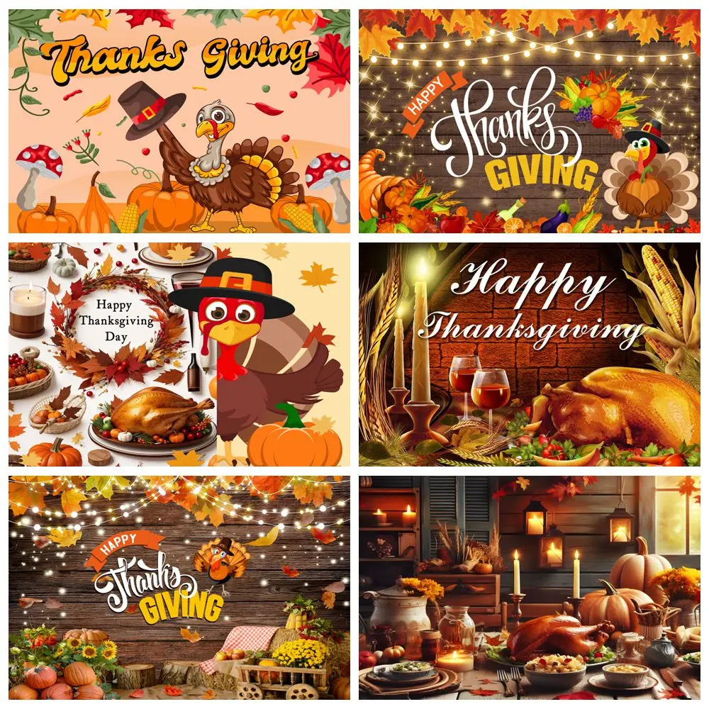 Thanksgiving Backdrop Turkey Chicken Pumpkin Maple Leaves Family Party Portrait Photography Background Decor Photostudio Props